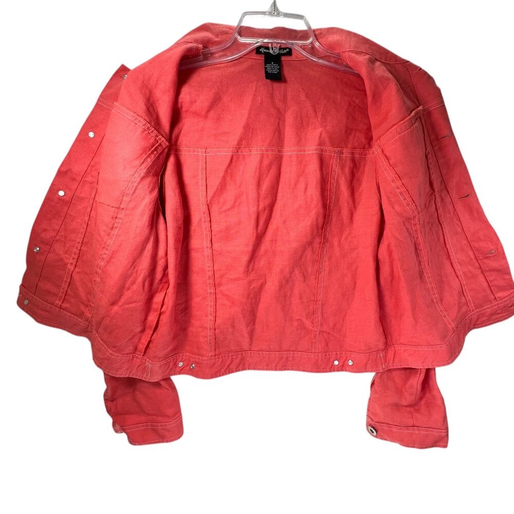 Alexandra Bartlett Coral Linen Button Up Womens Jacket Sz S Trucker Adjust Waist - Picture 5 of 11